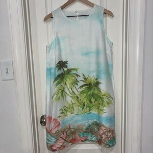J. Jill Love Linen 100% Linen Lined Sheath Dress Beach Print Size M Petite